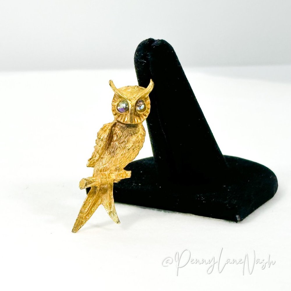 Vintage Handmade Small Owl with Stone Eyes Golden Brooch